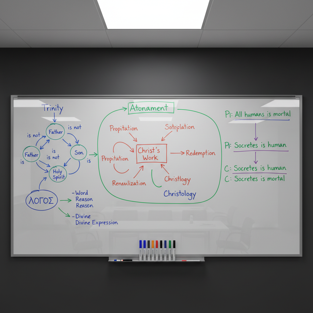 A polished whiteboard mounted on a dark charcoal wall, covered in meticulously organized theological argument diagrams: neatly drawn flowcharts, Greek word studies, logical syllogisms, and color-coded arrows linking doctrinal points such as “Trinity,” “Atonement,” and “Scripture.” A set of fine-tipped markers in primary colors rests precisely aligned on a narrow metal tray at the bottom. Overhead, cool, diffused LED panel lighting evenly illuminates the surface, creating a soft sheen without harsh glare, while faint reflections hint at the room beyond. Photographic realism, shot straight-on at eye level with sharp focus across the entire board, emphasizing clarity and order. The mood is analytical and methodical, reflecting structured apologetics debate preparation in a clean, professional, seminar-room-like environment.